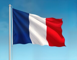 French flag waving in blue sky. National symbol of France. Flagpole holds tricolor flag. Red white, blue colors mix. Flag flutters in wind. Outdoor scene. Clear weather. Classic image. Historic