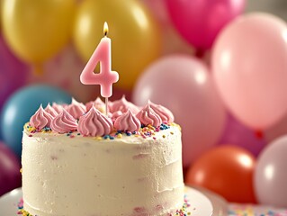 A decorated cake featuring a pink number 4 candle is showcased among vibrant balloons, creating a cheerful atmosphere for a fourth birthday celebration