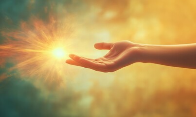 A hand reaches out, pointing towards a glowing light, symbolizing God's creation, divine power, and Christian faith, evoking themes of spirituality and hope