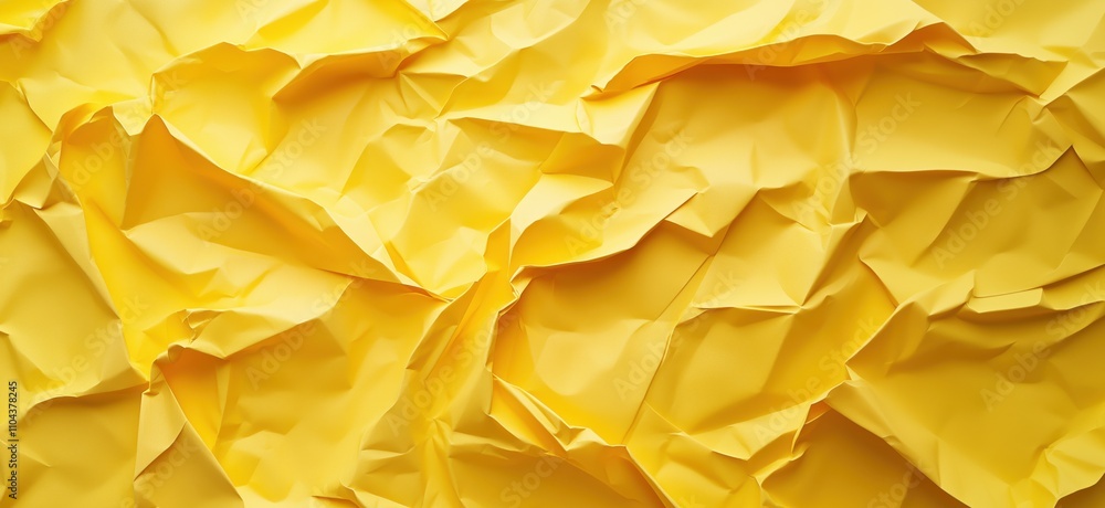 Poster crumpled yellow paper texture, vibrant and dynamic surface with folds and shadows, ideal for backgro