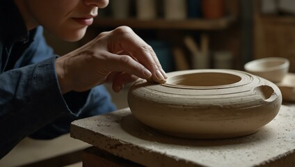 Ceramic artist molding a dish.