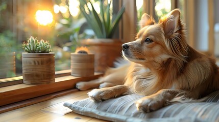 A dog is laying on a pillow by a window with a potted plant in the background