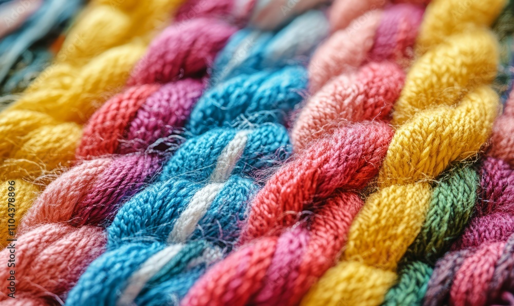 Poster a macro shot of wool yarn knitted into a complex pattern, with fibers clearly defined on a white bac