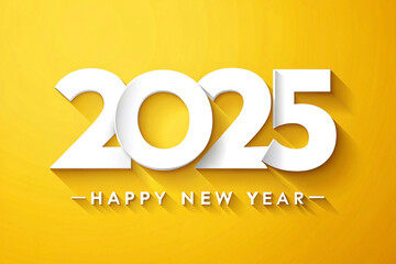Happy New Year 2025 greeting card with white 3D numbers on yellow background.