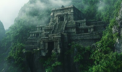 Fototapeta premium A majestic ancient temple carved into a mountainside, with intricate stonework surrounded by dense green forest