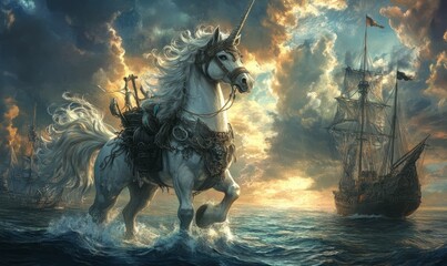 A majestic unicorn dressed as a pirate stands on a ship, with the sea and another ship in the background, under a dramatic sky