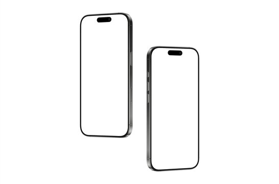 Two modern smartphones mockup with blank white screens isolated on white background