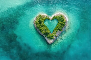 An overhead view of a heart-shaped island surrounded by turquoise water,