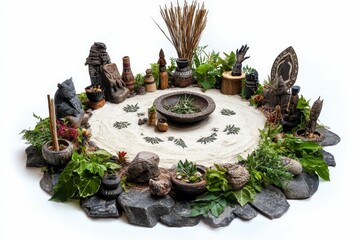 Sand, stones, plants, and carved figurines arranged in a circle.