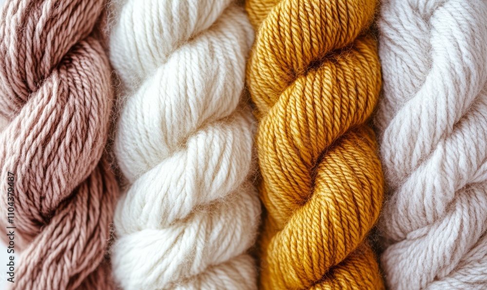 Poster a macro shot of wool yarn knitted into a complex pattern, with fibers clearly defined on a white bac