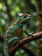 Fototapeta premium Chameleon perched on a branch in a green jungle.