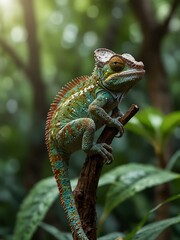 Obraz premium Chameleon perched on a branch in a green jungle.