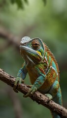 Obraz premium Chameleon perched on a branch, looking around.