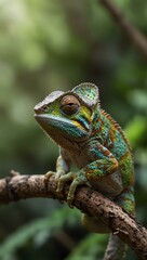 Fototapeta premium Chameleon perched on a branch, looking around.