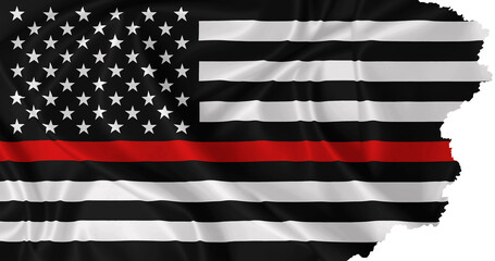 Fire department flag with thin red line and torn edges on transparent background
