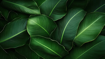 Fototapeta premium Close-up view of lush green tropical leaves with prominent veins and rich textures in overlapping arrangement