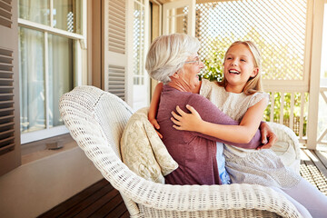 Girl, grandmother and hug by house for love, relax and bonding with support, embrace and happiness. Kid, grandma and connection as family for relationship, babysitting or weekend in Texas with joyful