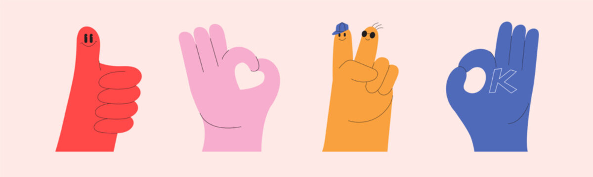 Playful colorful illustration featuring hand gestures. Thumb-up, okay sign, emoji, expressive details. Modern communication concepts.