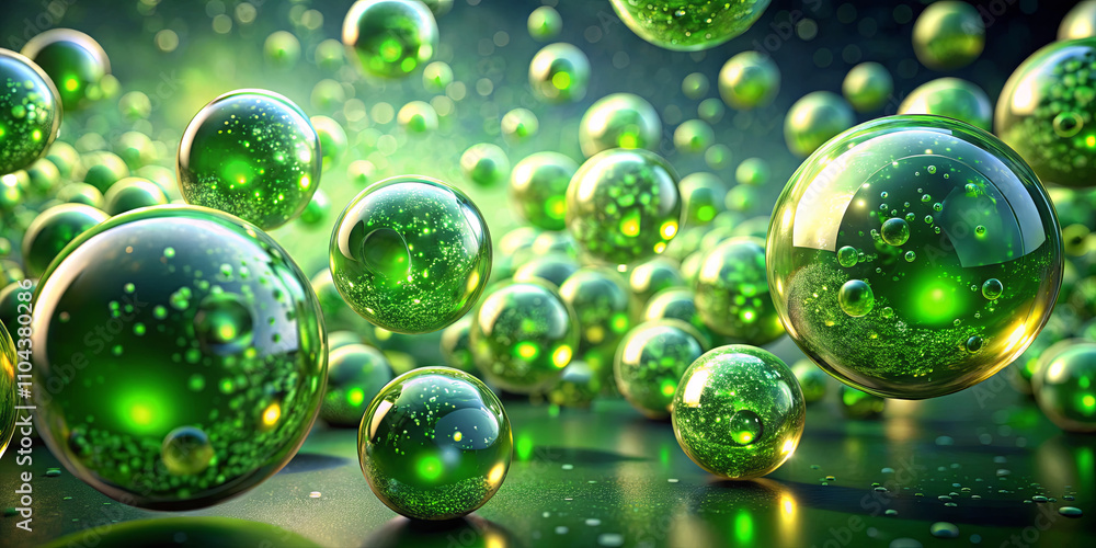 Poster the image features numerous spherical shapes filled with green liquid, floating against a dark and c