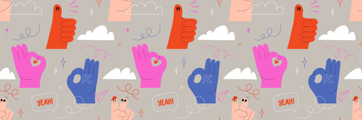 Seamless pattern featuring playful hand gestures, speech bubbles, and vibrant elements. Modern design with thumb-up, okay sign, fun doodles. Cartoon vector graphics