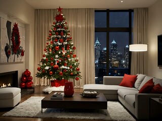 Charming Christmas tree with red ornaments in a modern living room
