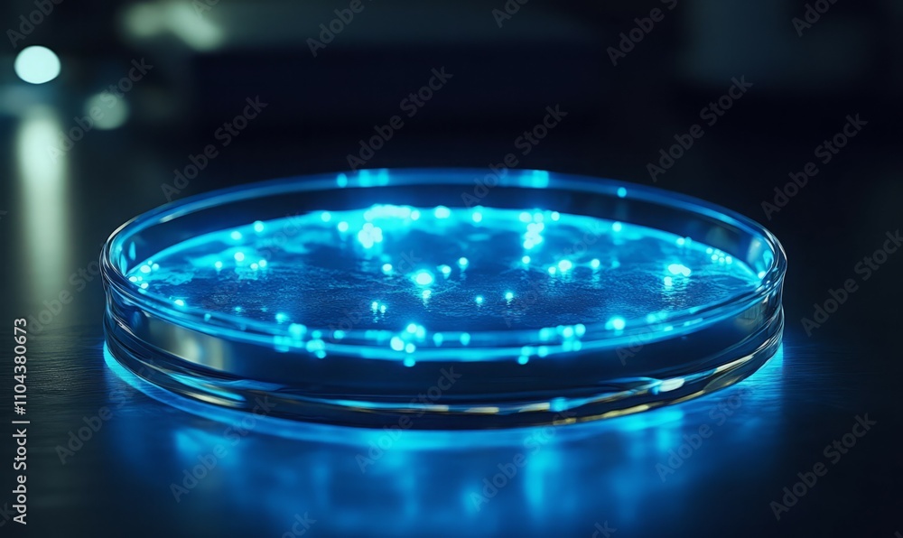 Poster a petri dish with glowing bacteria engineered to emit specific patterns, symbolizing bioart and synt