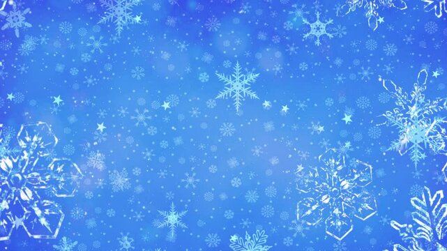 Blue Crystal Snowflake Fall Background 4K Loop features a blue atmosphere with falling crystal snowflakes with real and vector snowflakes falling in the background in a loop.