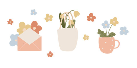 Spring colorful flower bouquets in shopping bag, envelope and cup. Hand drawn flat design clipart illustration compositions isolated on transparent background. Snowdrops and daisy plants.