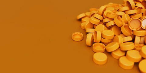 Top view on a pile of orange plastic bottle caps on orange background with shallow dof. Plastic industry product. Garbage reuse. 3d render illustration
