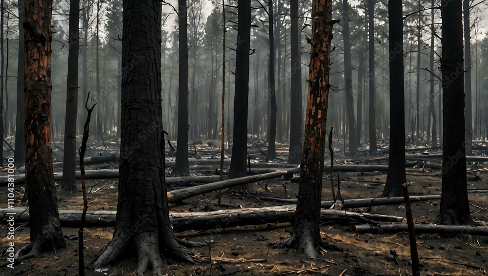Poster charred tree trunks in a forest after a fire.