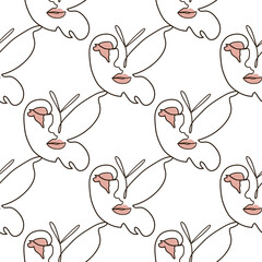 Woman face Continuous line seamless pattern. Abstract Female portrait with Butterfly. Drawing vector Wallpaper, fabric, wrapping paper, card, poster