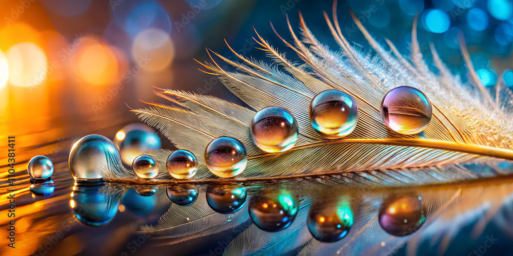 Poster delicate droplets of water are positioned on a soft feather, reflecting multiple colors while creati