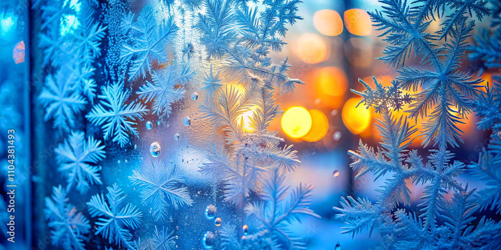 Poster delicate ice crystals form stunning patterns on a window, contrasting with the soft glow of lights o