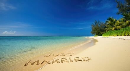 Just married written in the sand, tropical beach, honeymoon travel