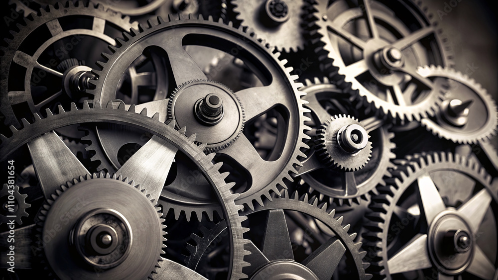 Poster close-up of various vintage gears interlocking and demonstrating mechanical precision. this intricat