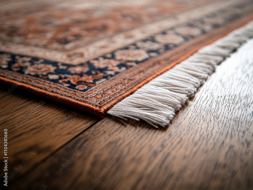 Poster A close-up view of a Persian rug spreads across hardwood flooring, revealing detailed patterns and a soft white fringe that adds to its traditional craftsmanship and texture