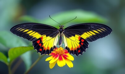 A vibrant butterfly rests on a flower, showcasing its striking yellow and black wings