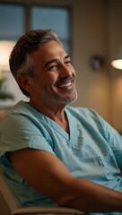 Fototapeta premium Cheerful patient in a healthcare setting with warm lighting.