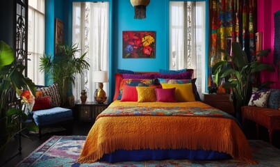 A vibrant, colorful bedroom is divided into two contrasting halves, each showcasing a different design style