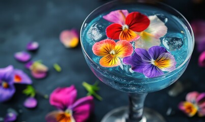 A refreshing floral cocktail decorated with vibrant flower petals