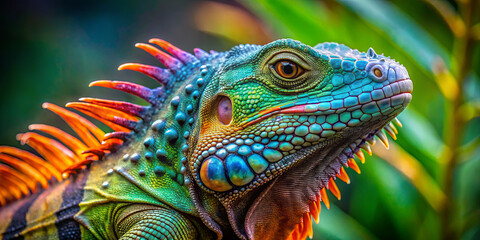 Obraz premium A striking iguana displays vibrant blues, greens, and oranges while basking in a tropical setting. Surrounding foliage adds to the vivid backdrop in bright daylight