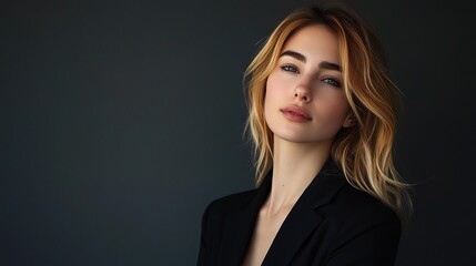 Fototapeta premium Young Woman with Blond Hair Posing Elegantly in Dark Environment