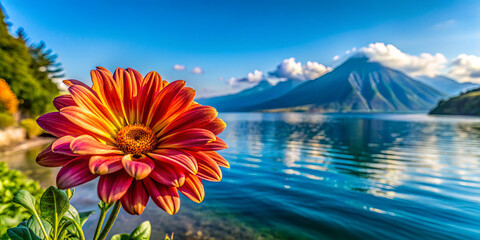 A colorful flower stands proudly near a calm lake reflecting majestic mountains under a bright sky in Guatemala. The scenery exudes tranquility and natural beauty