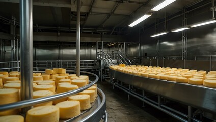 Cheese production process at a dairy factory.