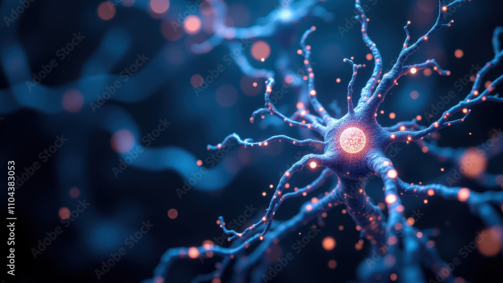Aufkleber microscopic view of a neuron with semaglutide highlighted.