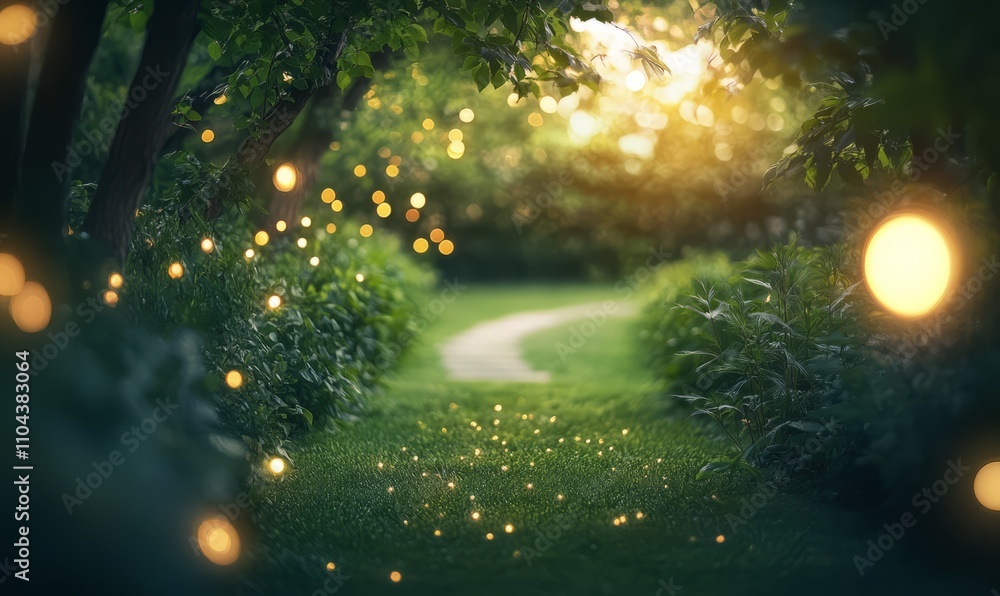 Poster a serene garden path illuminated by soft glowing lights and bokeh, creating a magical evening atmosp