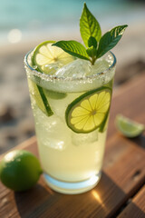 highball glass with mojito cocktail with ice and lime slices on a wooden table near a sandy beach.