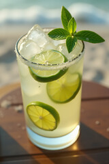 Fototapeta premium highball glass with mojito cocktail with ice and lime slices on a wooden table near a sandy beach.