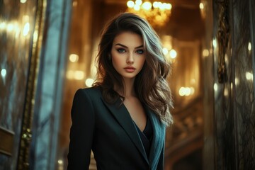 Obraz premium Chic Brunette Model Embracing Elegance in a Stylish Outfit Against a Trendy Background