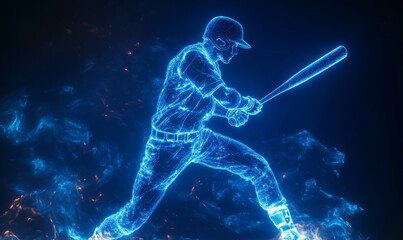 Silhouette, image of a baseball player with a bat on fire, blue hologram on a dark background. Sports concept, betting, American game